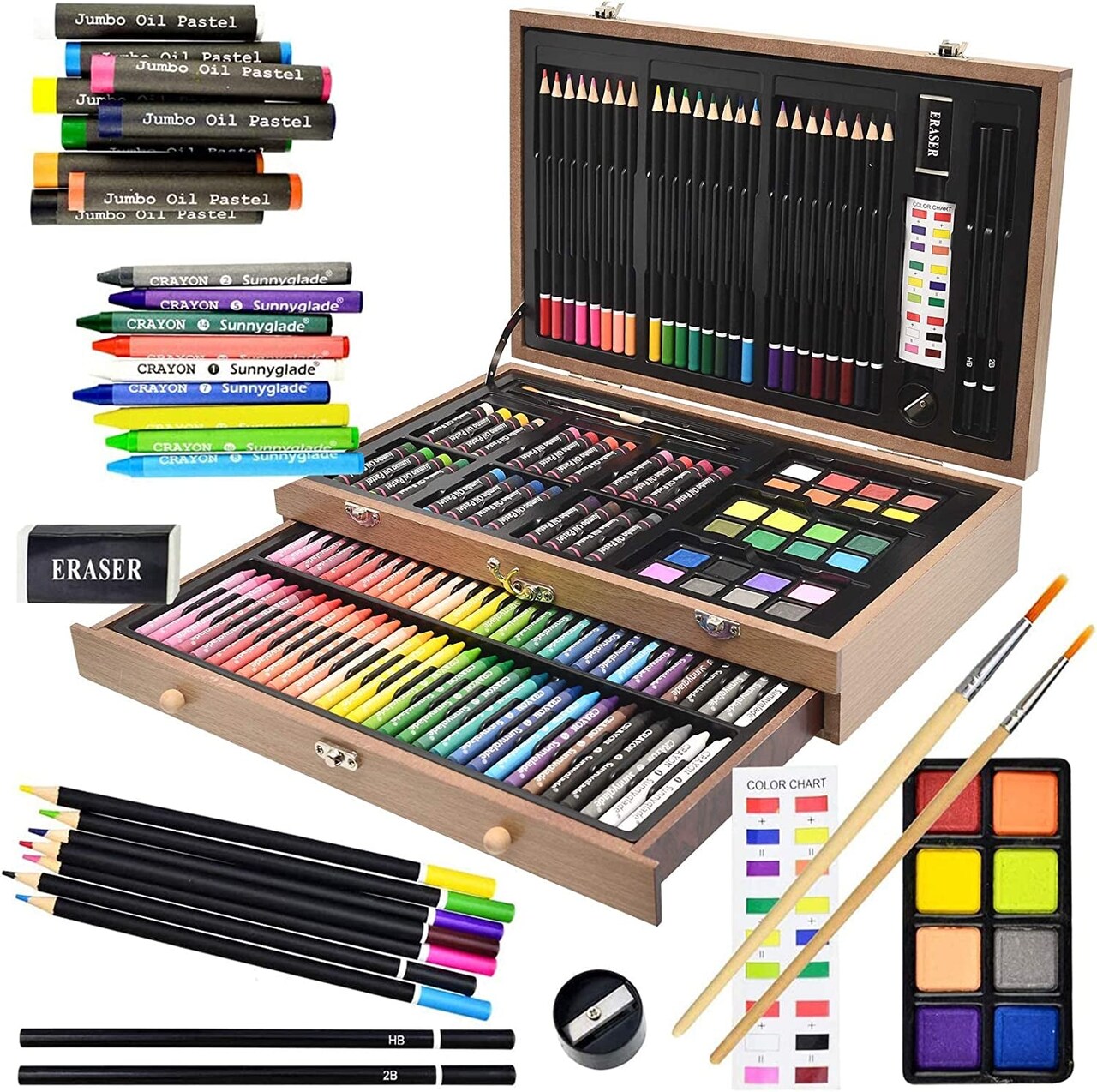 Deluxe Art Set, Wooden Box & Drawing Kit with Crayons, Oil Pastels, Colored  Pencils, Watercolor Cakes, Sketch Pencils, Paint Brush, Sharpener, Eraser,  Color Chart (Cherry)